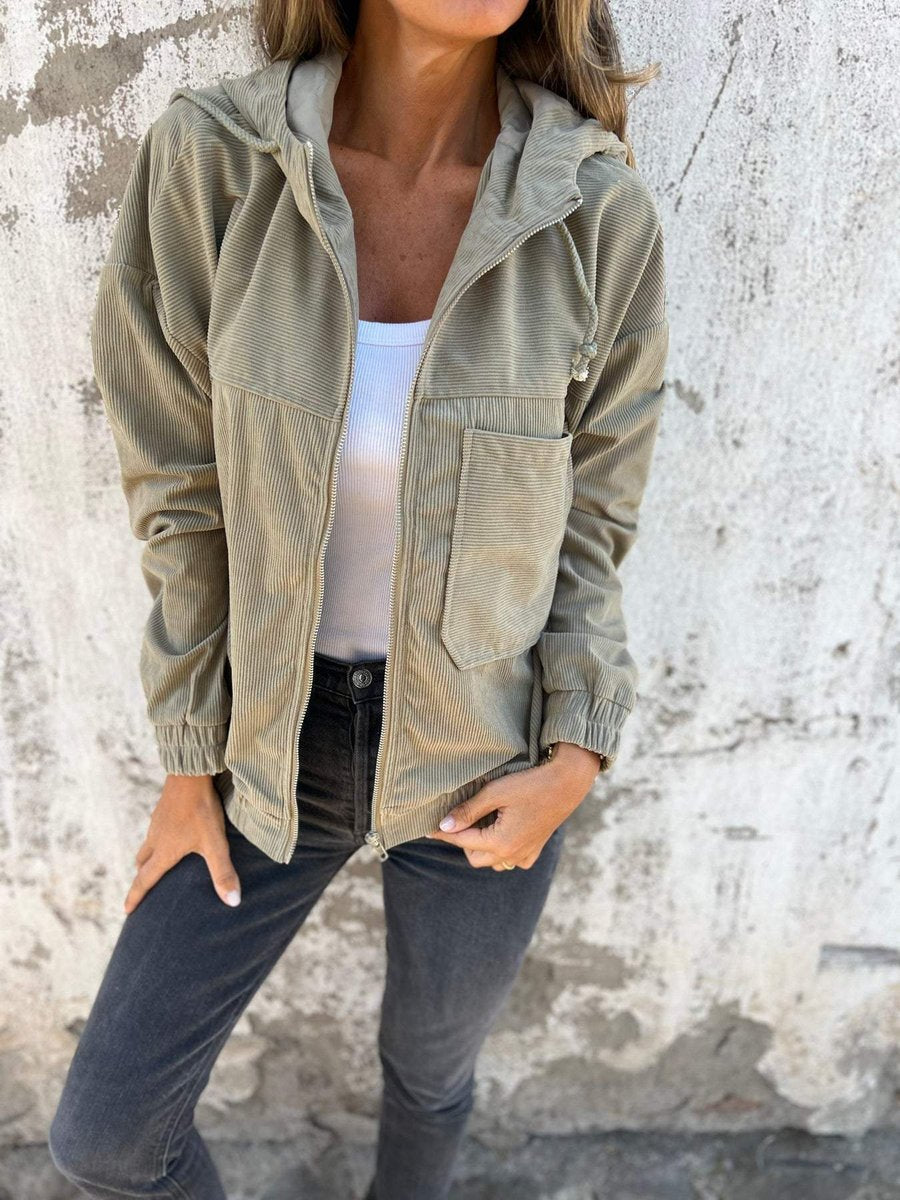 Lauren ribbed hooded zip jacket in green, worn open with chest pocket