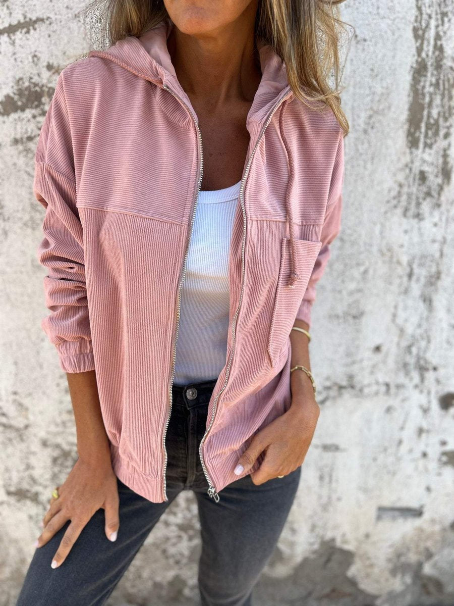 Lauren ribbed hooded zip jacket in pink, front view