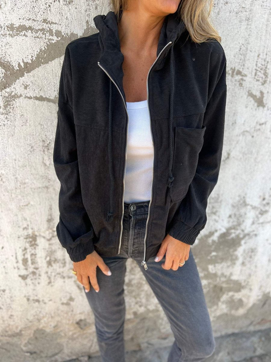 Lauren ribbed hooded zip jacket in black, front view