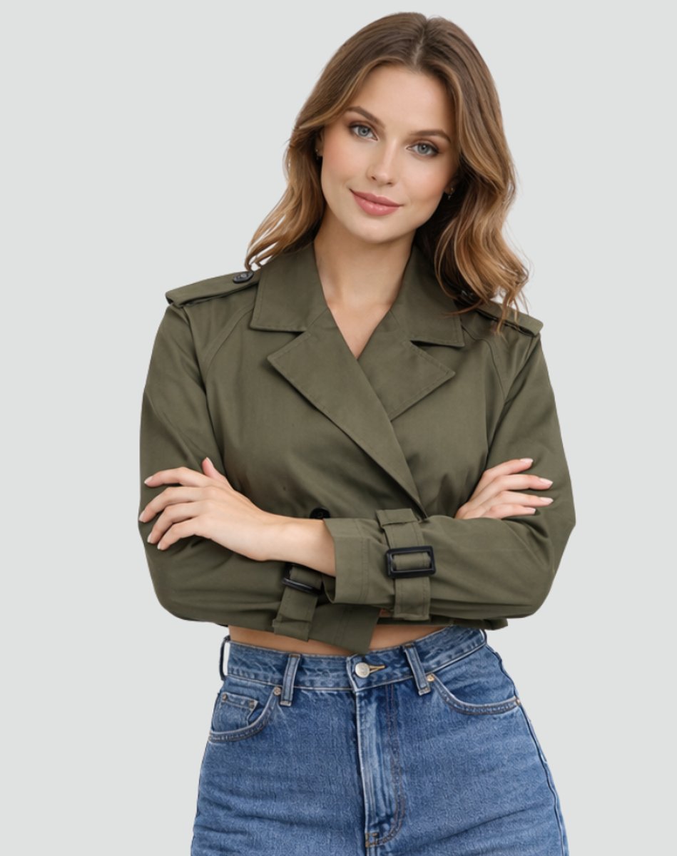 Joanne cropped belted trench jacket in military green, front view with arms crossed