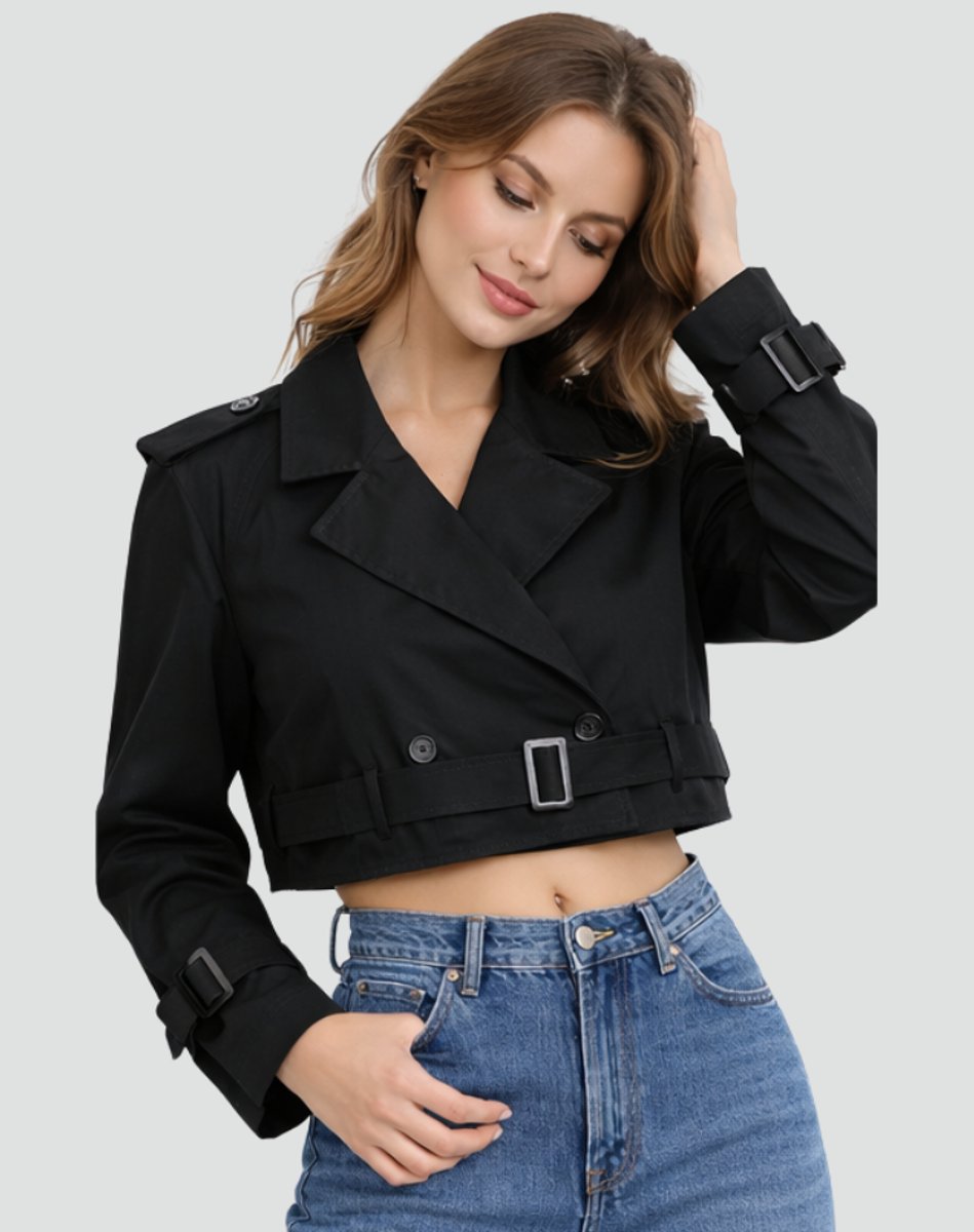 Joanne cropped belted trench jacket in black, three-quarter front view