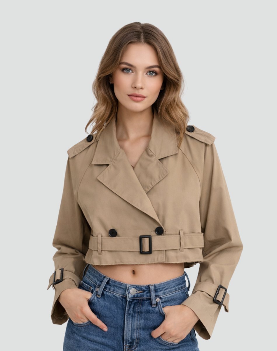 Joanne cropped belted trench jacket in brown, front view with buckled cuffs