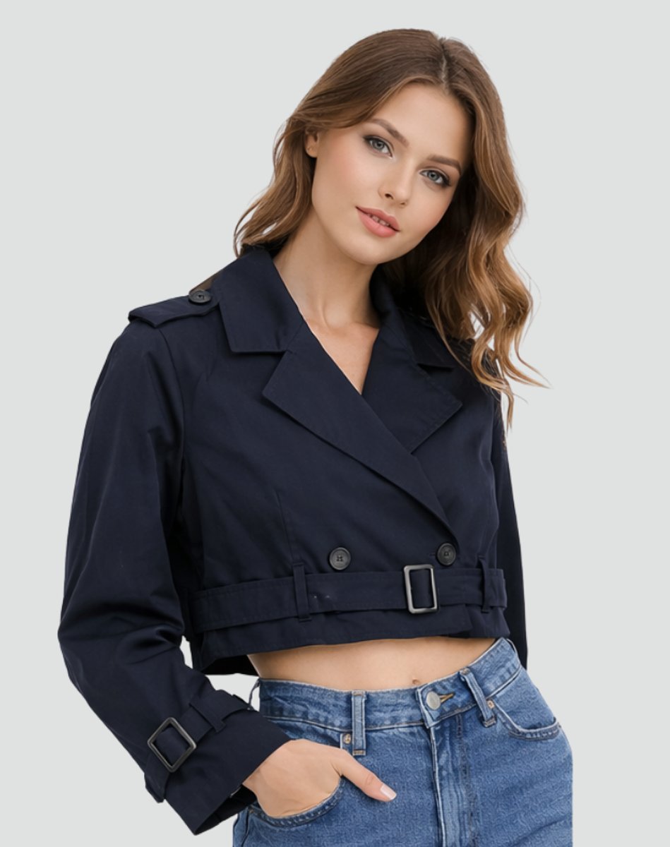 Joanne cropped belted trench jacket in navy blue, three-quarter front view