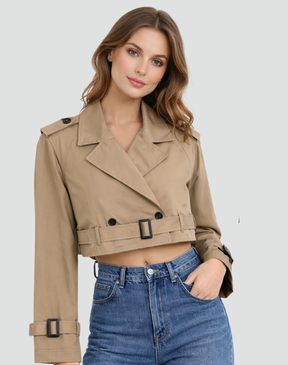 Joanne cropped belted trench jacket in brown, front view with belted hem