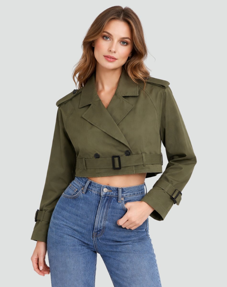 Joanne cropped belted trench jacket in military green, full front view