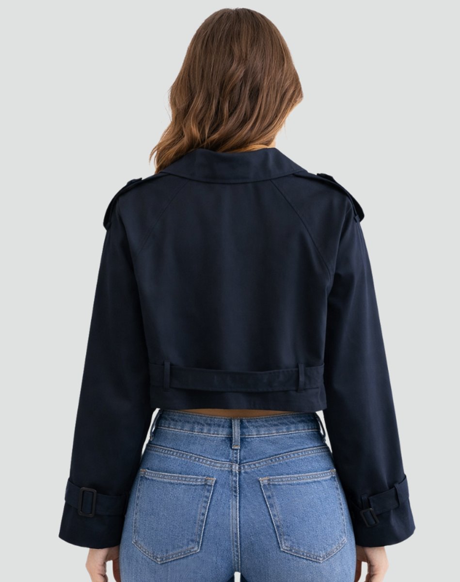 Joanne cropped belted trench jacket in navy blue, back view with raglan sleeves