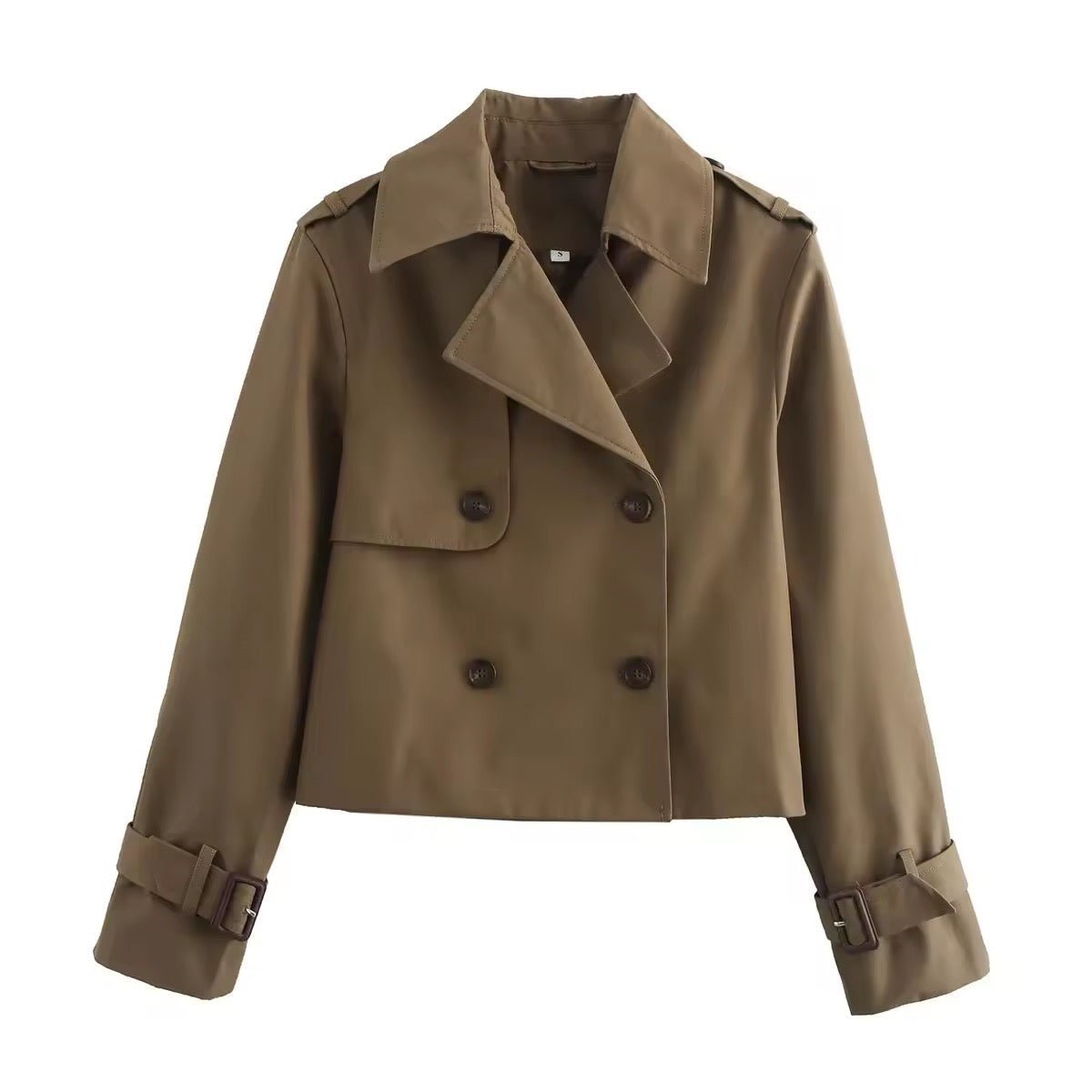 Eugenie short double-breasted trench jacket in brown, front view