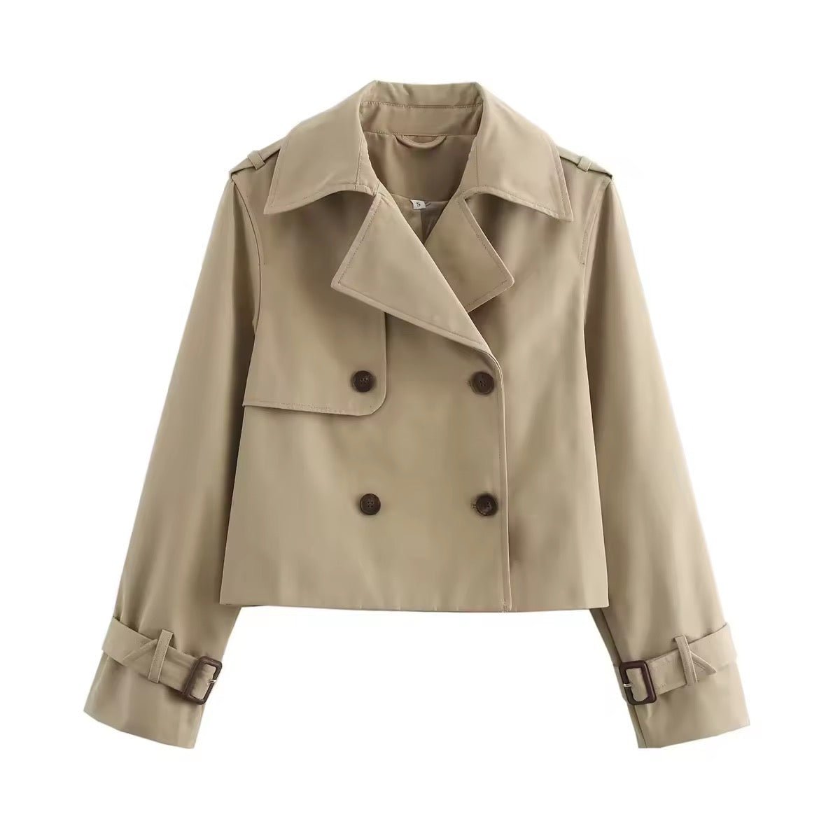 Eugenie short double-breasted trench jacket in beige, front view with buckled cuffs