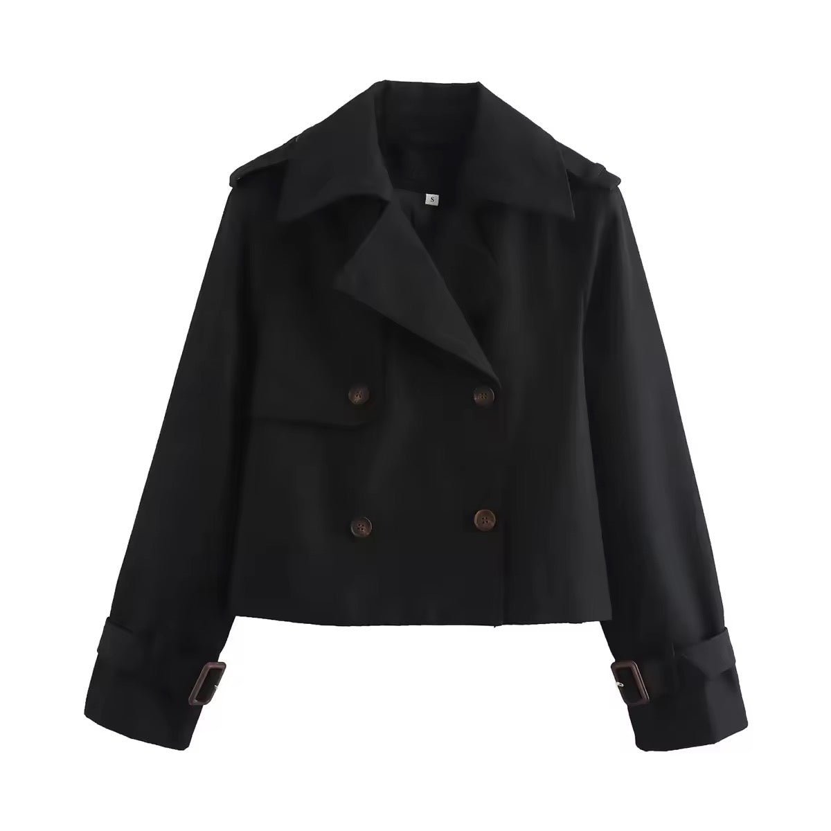 Eugenie short double-breasted trench jacket in black, front view