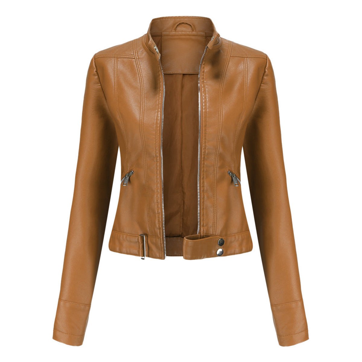Olwen cropped mandarin-collar jacket in light brown, front view