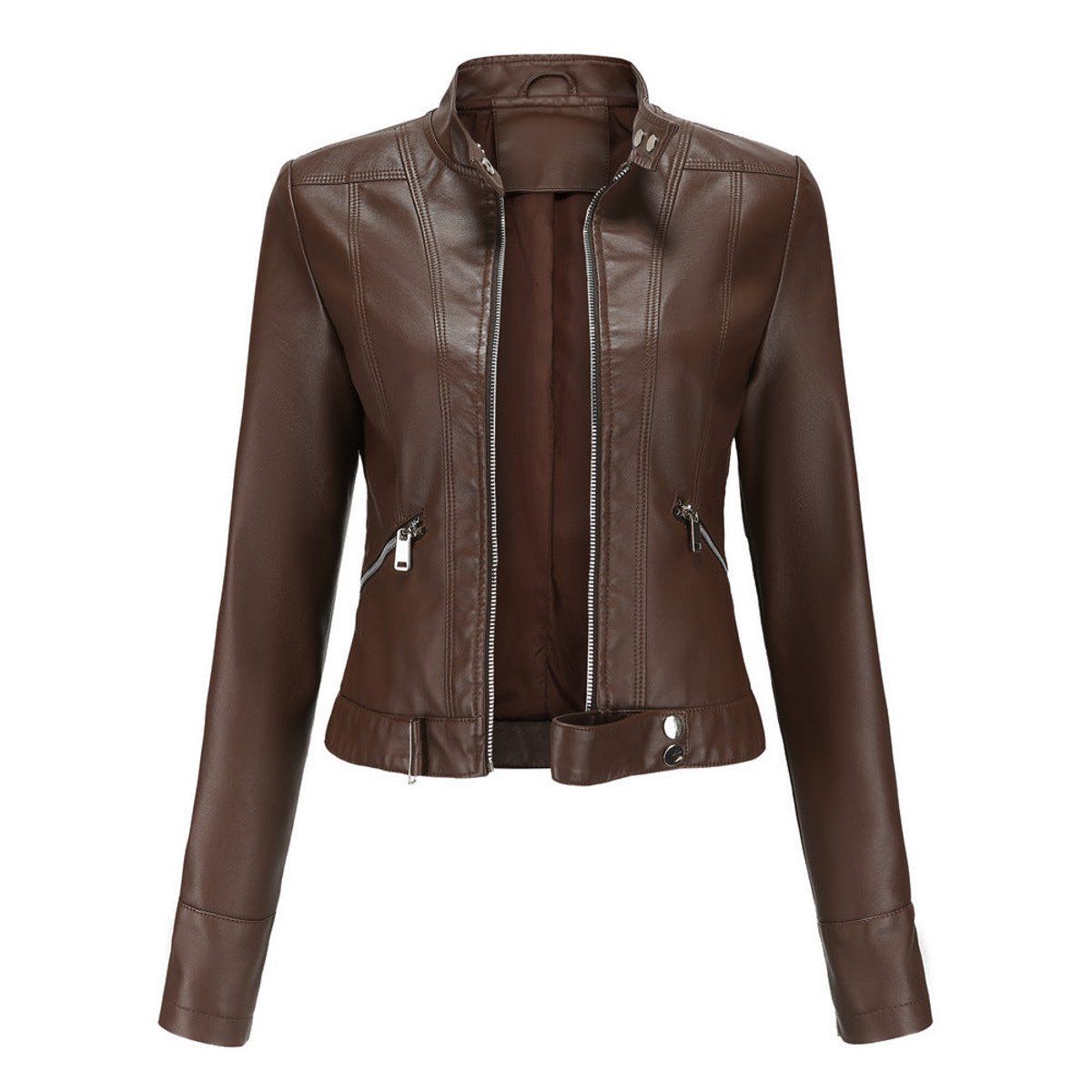 Olwen cropped mandarin-collar jacket in brown, front view