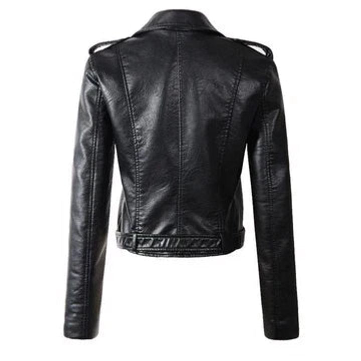 Rachel cropped belted biker jacket in black, back view