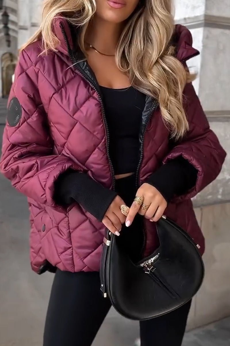 Honor diamond-quilted hooded jacket in wine red, front view