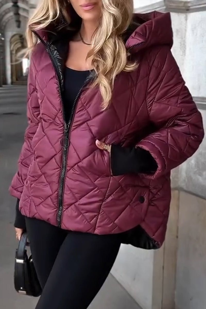 Honor diamond-quilted hooded jacket in wine red, zipped three-quarter view