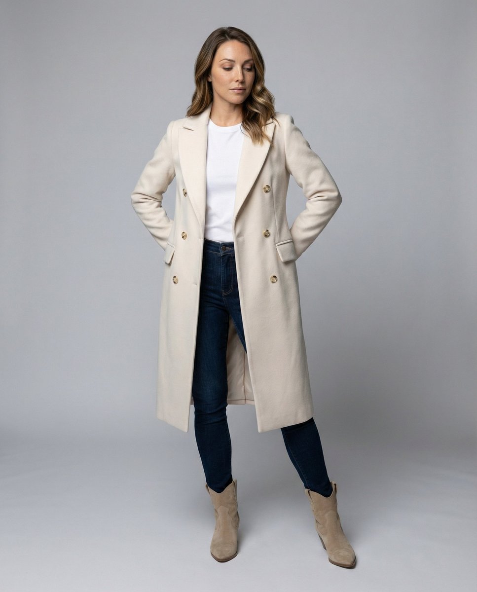 Emmeline long double-breasted coat in beige, worn open over jeans