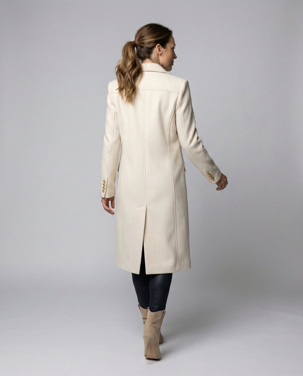 Emmeline long double-breasted coat in beige, back view with centre vent