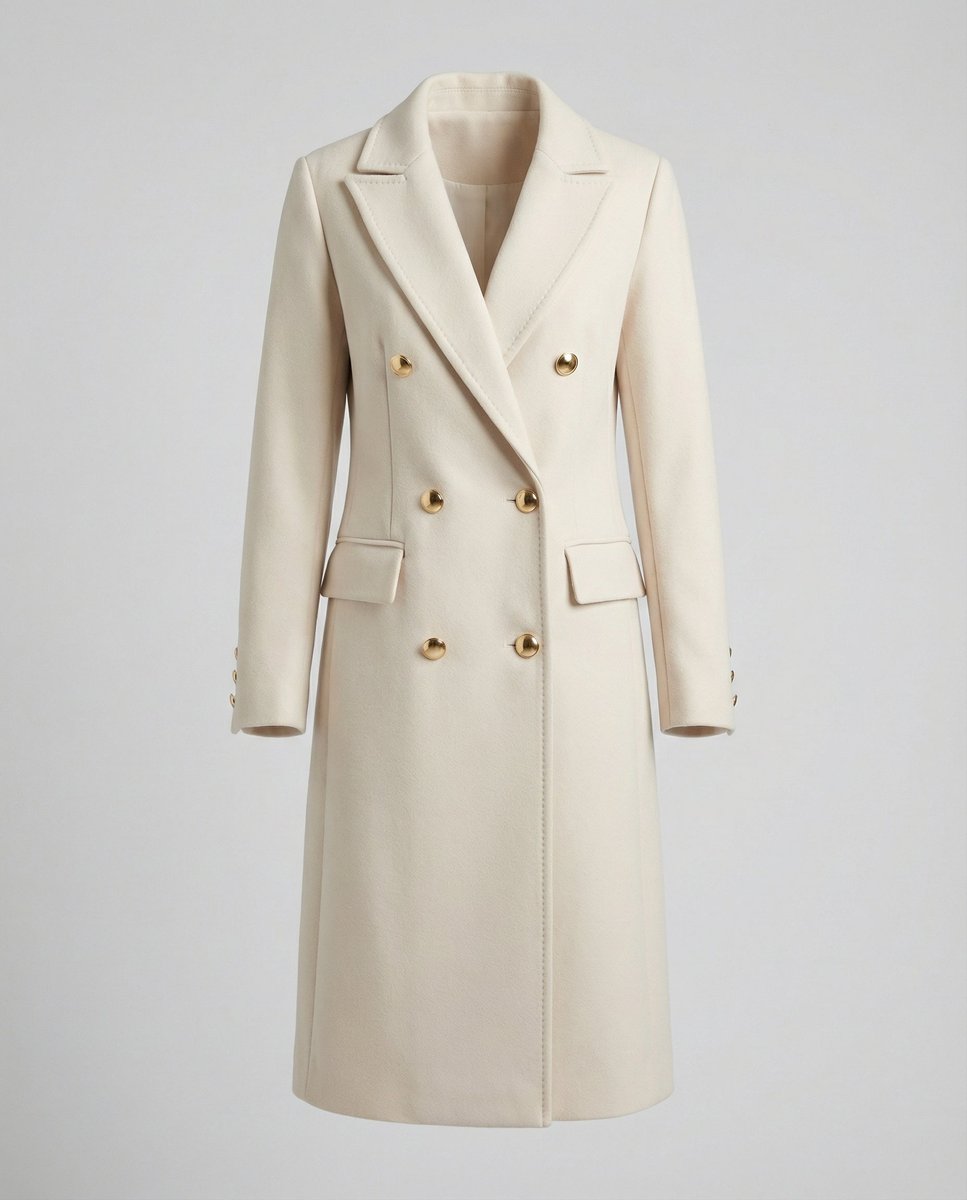 Emmeline long double-breasted coat in beige, front view on plain background