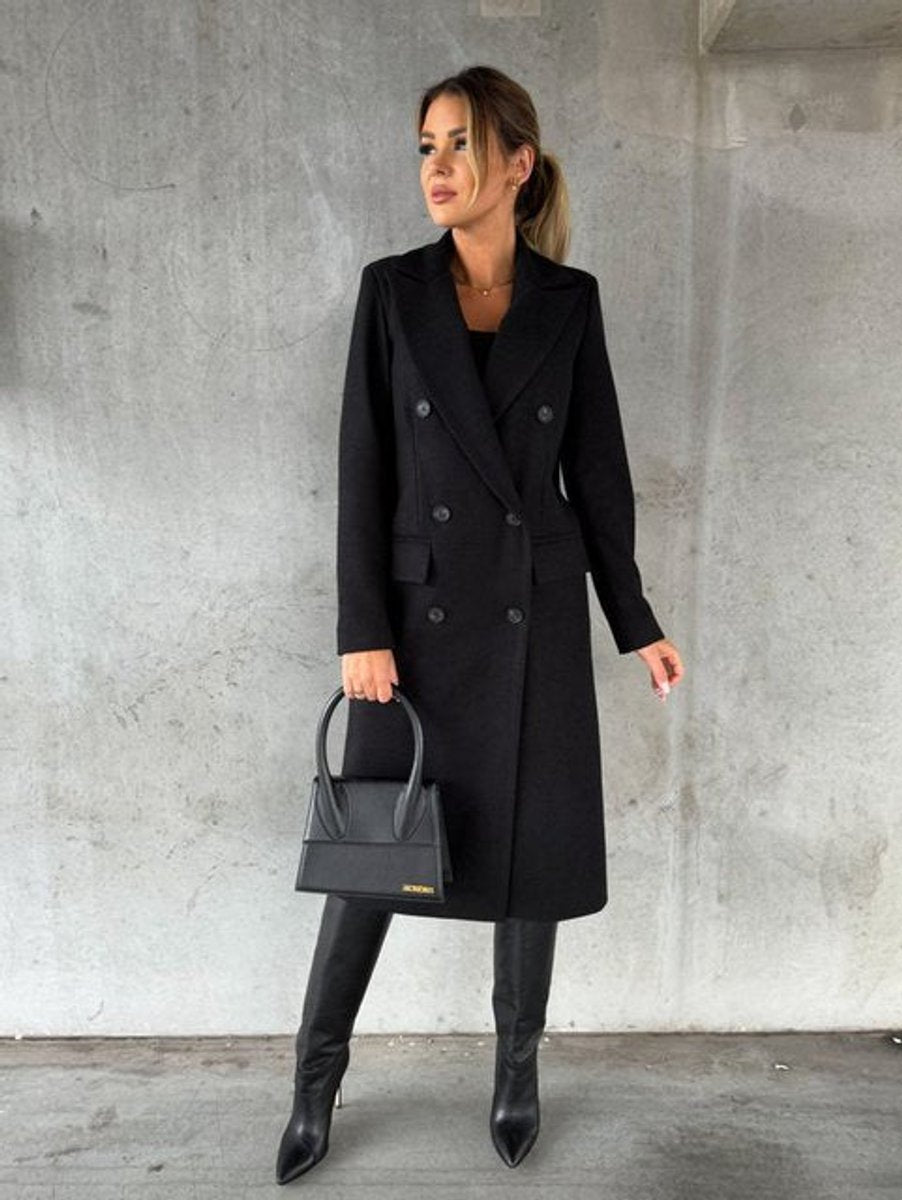 Emmeline long double-breasted coat in black, full-length front view
