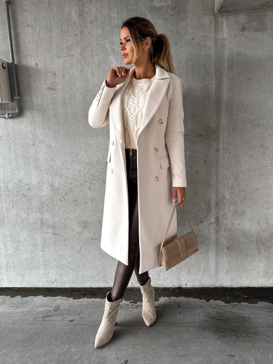 Emmeline long double-breasted coat in beige, full-length front view with boots