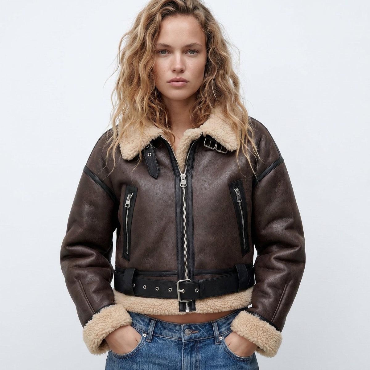 Wendy cropped aviator bomber jacket in brown, front view zipped