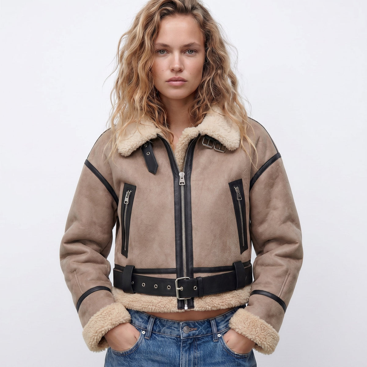 Wendy cropped aviator bomber jacket in khaki, front view with buckled belt