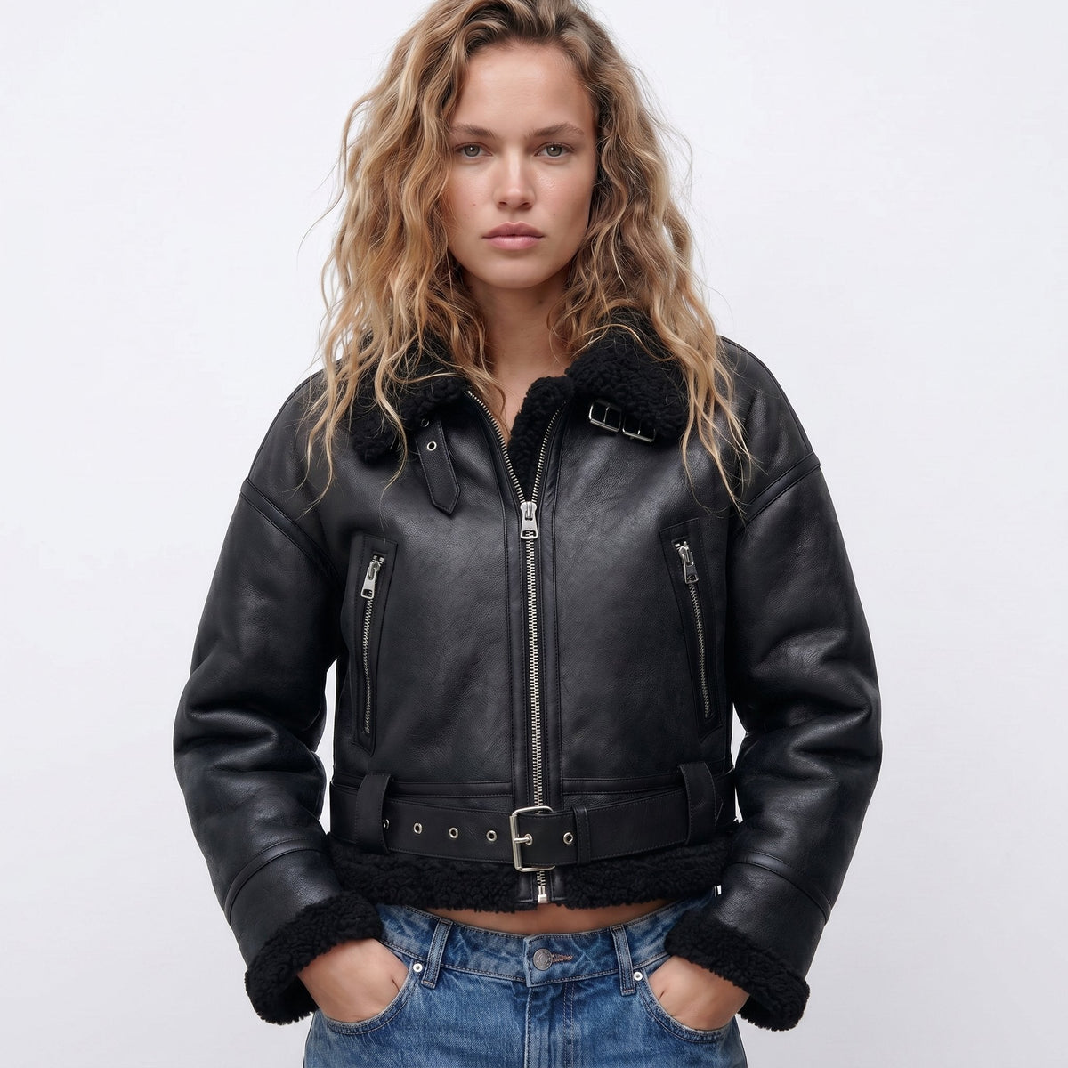 Wendy cropped aviator bomber jacket in black, front view with zip chest pockets