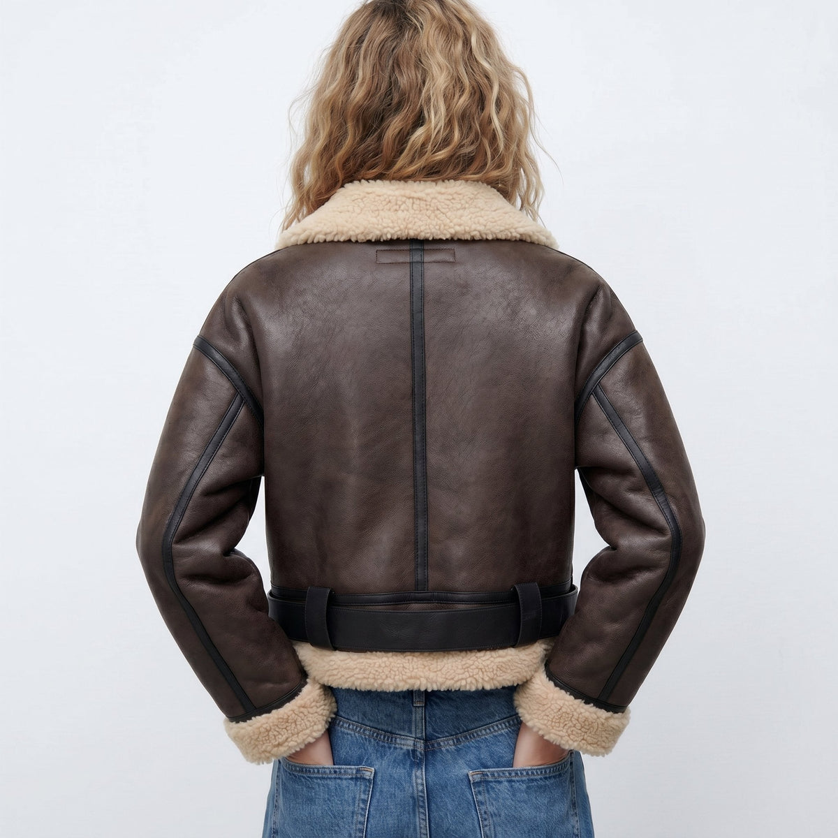 Wendy cropped aviator bomber jacket in brown, back view