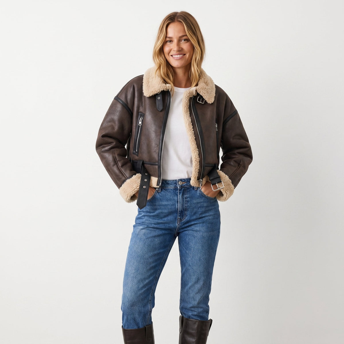 Wendy cropped aviator bomber jacket in brown, worn open with jeans and boots