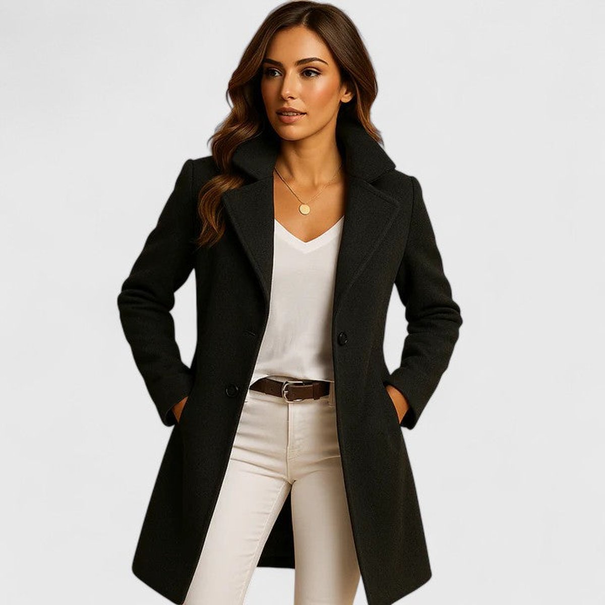 Blanche long tailored coat in black, front view with notch lapels