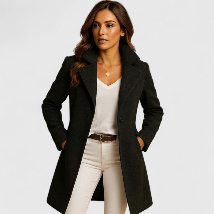 Blanche long tailored coat in black, front view with notch lapels