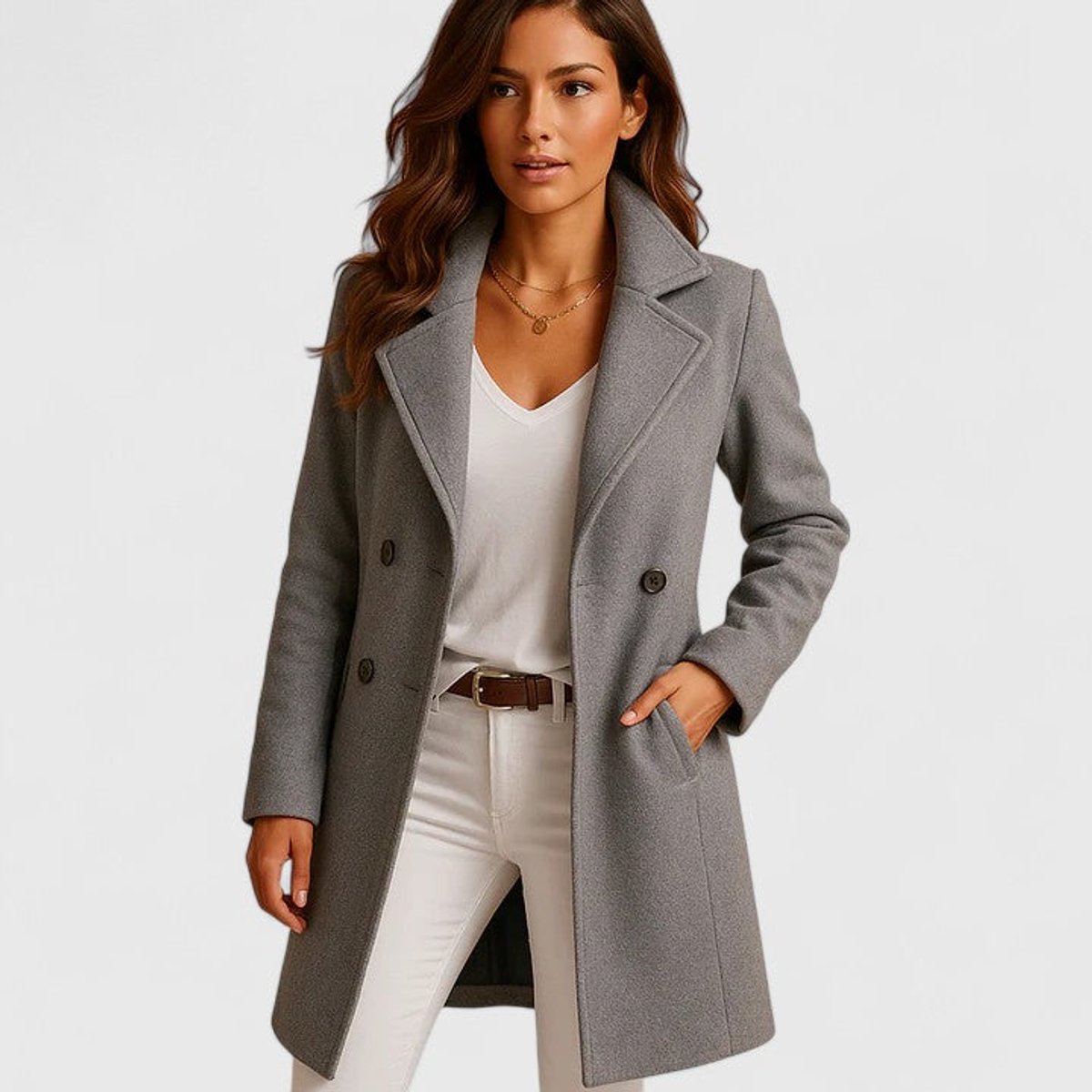 Blanche long tailored coat in grey, front view with hand in pocket