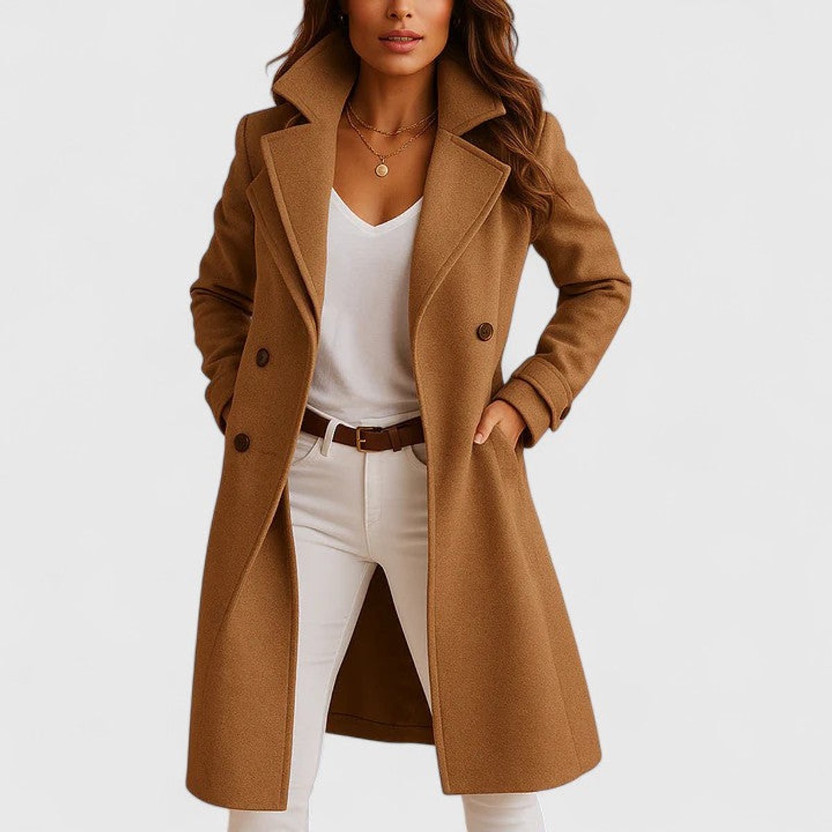 Blanche long tailored coat in camel, worn over white jeans