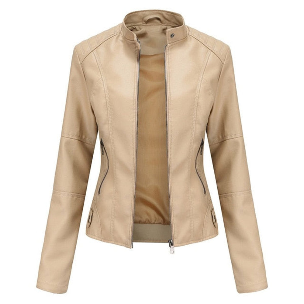 Helen mandarin-collar biker jacket in beige, front view with zip open