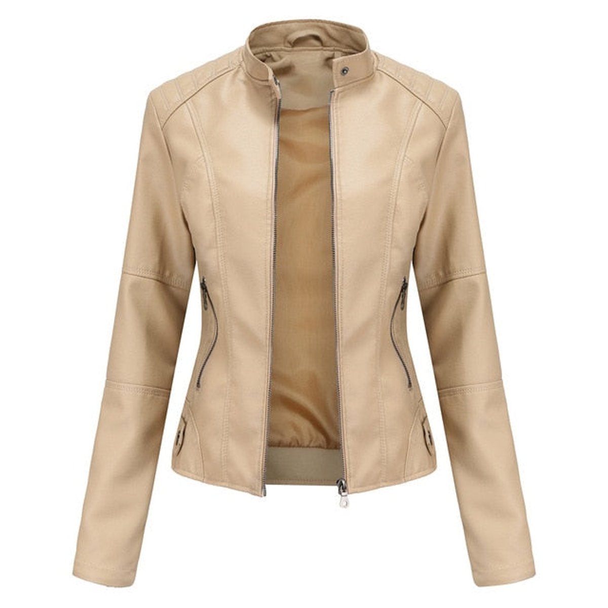 Helen mandarin-collar biker jacket in beige, front view with zip open