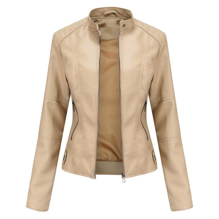 Helen mandarin-collar biker jacket in beige, front view with zip open
