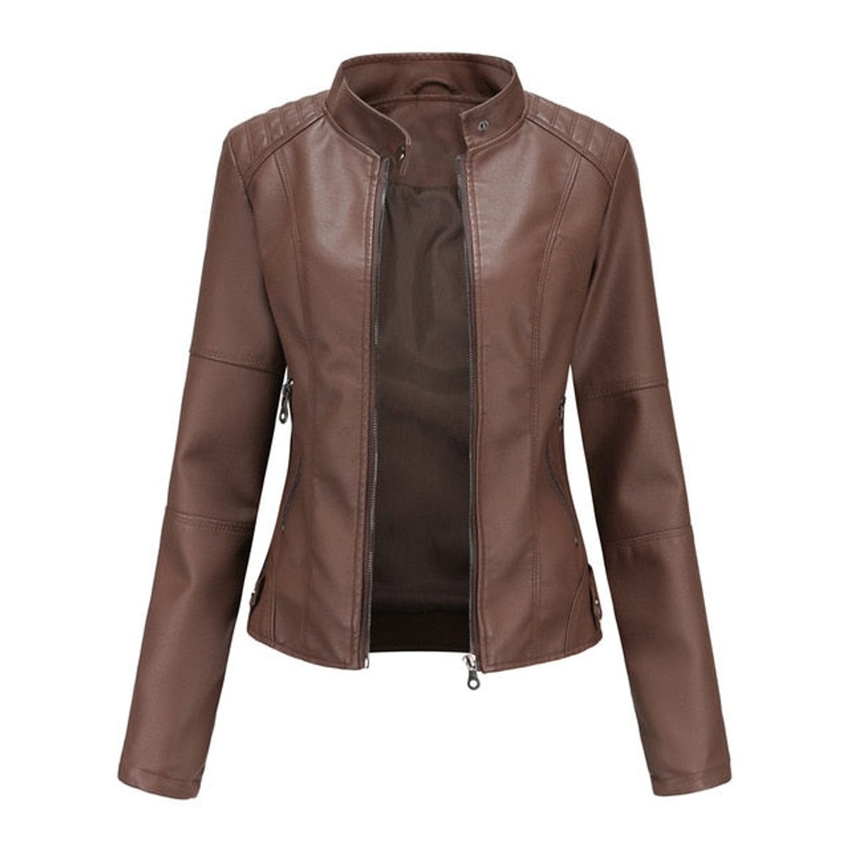 Helen mandarin-collar biker jacket in brown, front view on white background