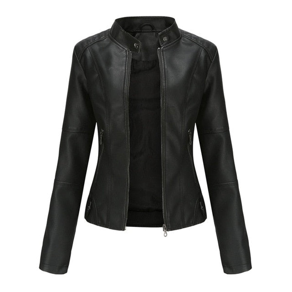 Helen mandarin-collar biker jacket in black, front view on white background