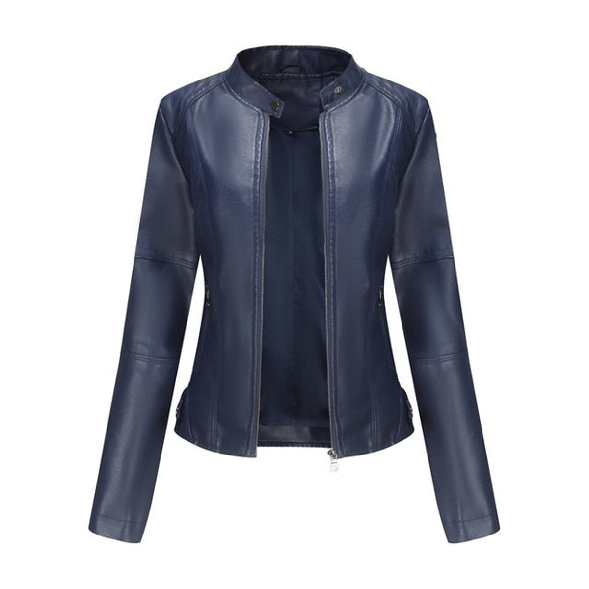 Helen mandarin-collar biker jacket in navy blue, front view