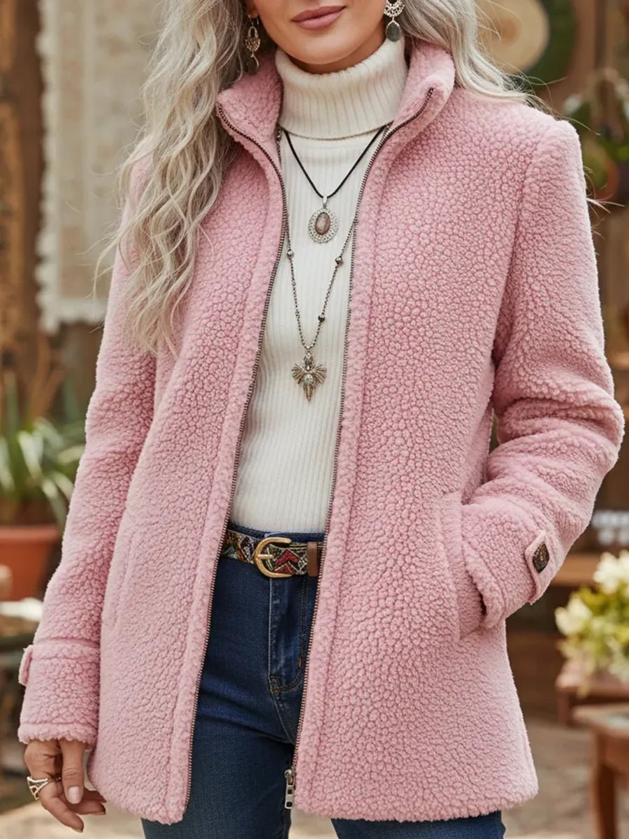 Patricia plush stand-collar coat in pink, worn open front view