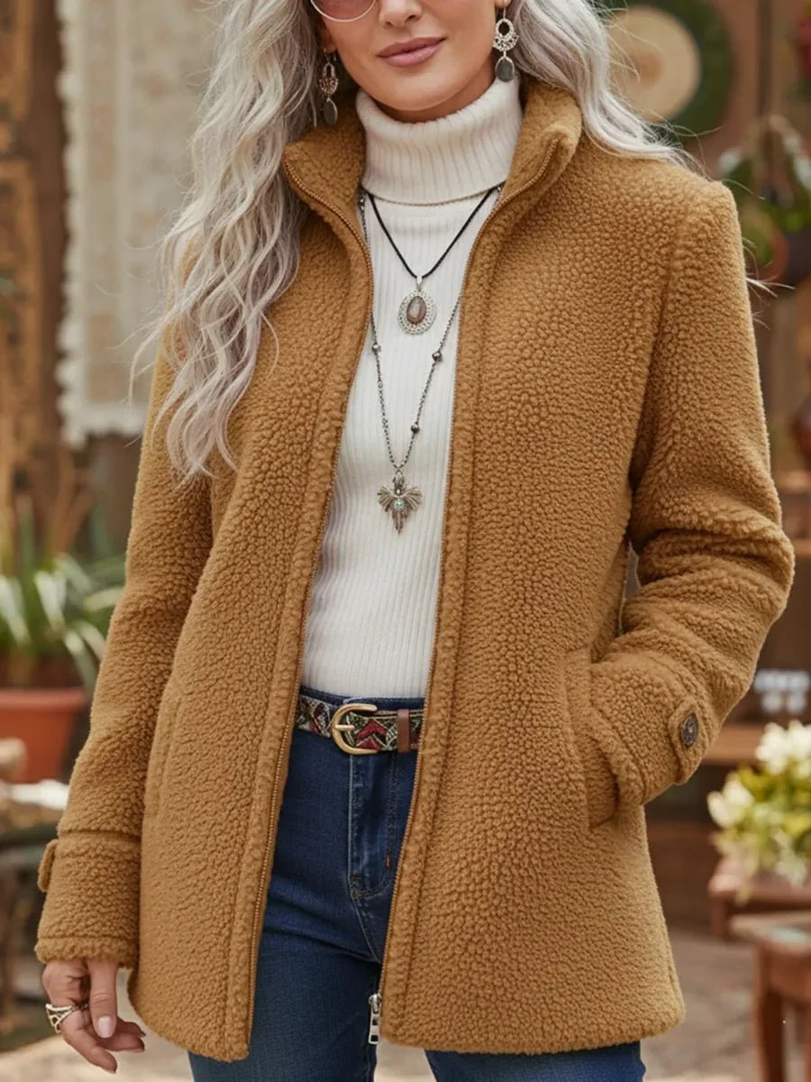 Patricia plush stand-collar coat in camel, three-quarter front view
