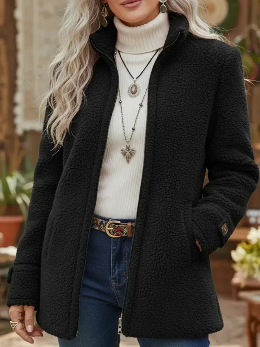 Patricia plush stand-collar coat in black, three-quarter front view