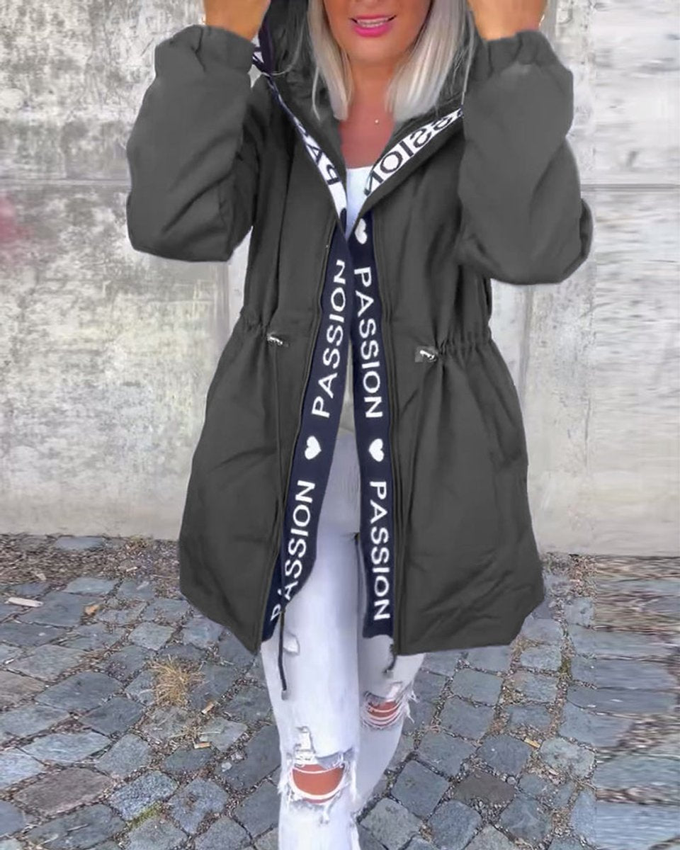 Kitty hooded midi parka in grey, front view with hood up