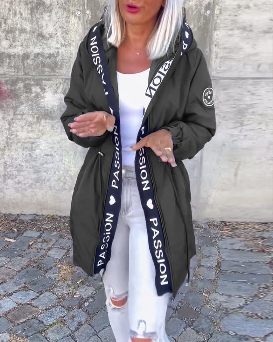 Kitty hooded midi parka in grey, worn open with lettered trim