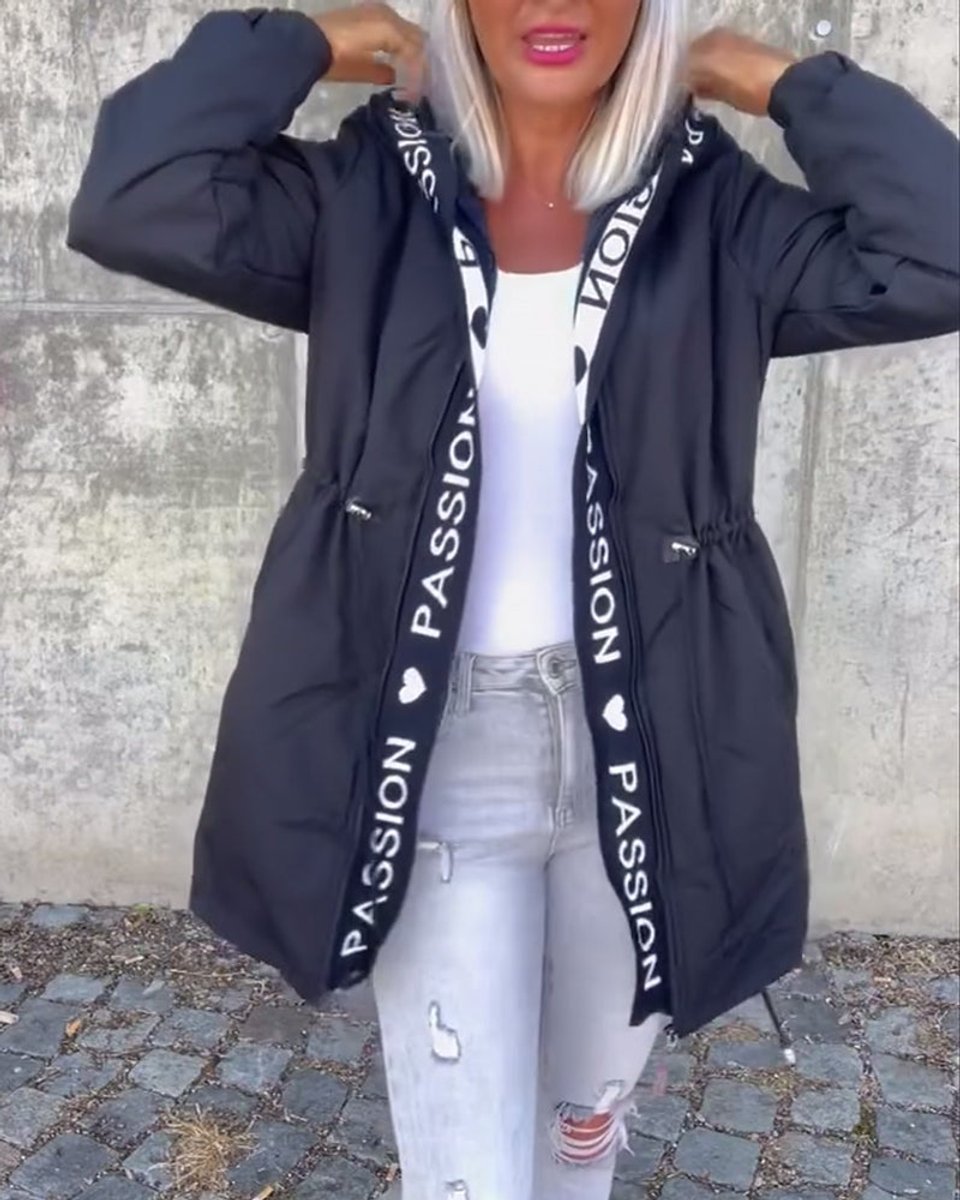 Kitty hooded midi parka in black, front view showing drawstring waist