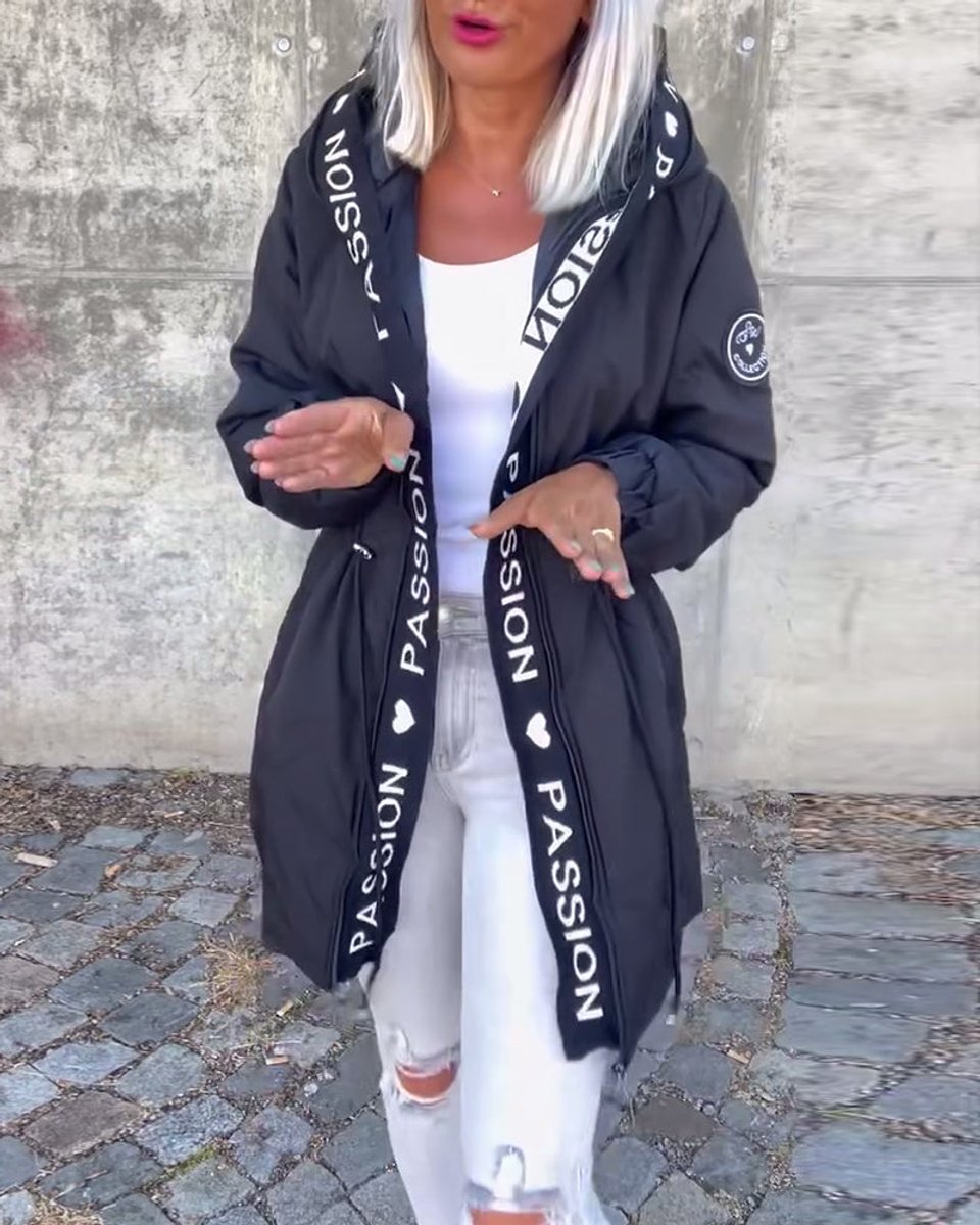 Kitty hooded midi parka in black, worn open three-quarter view