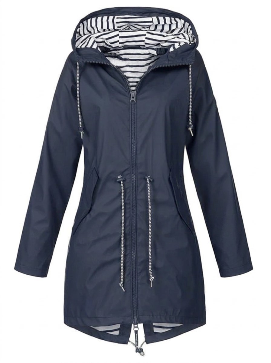 Margaret hooded raincoat in navy blue, front view with striped hood