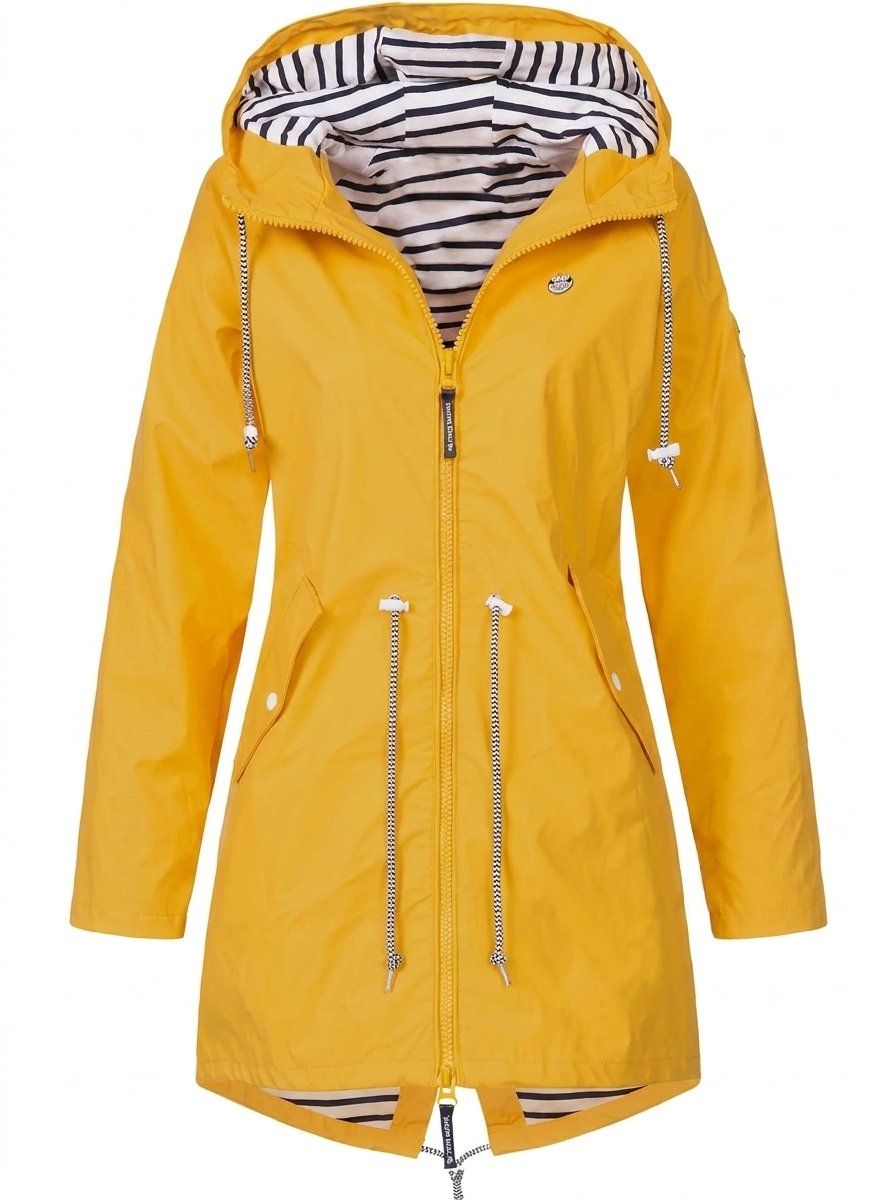 Margaret hooded raincoat in yellow, front view with striped hood