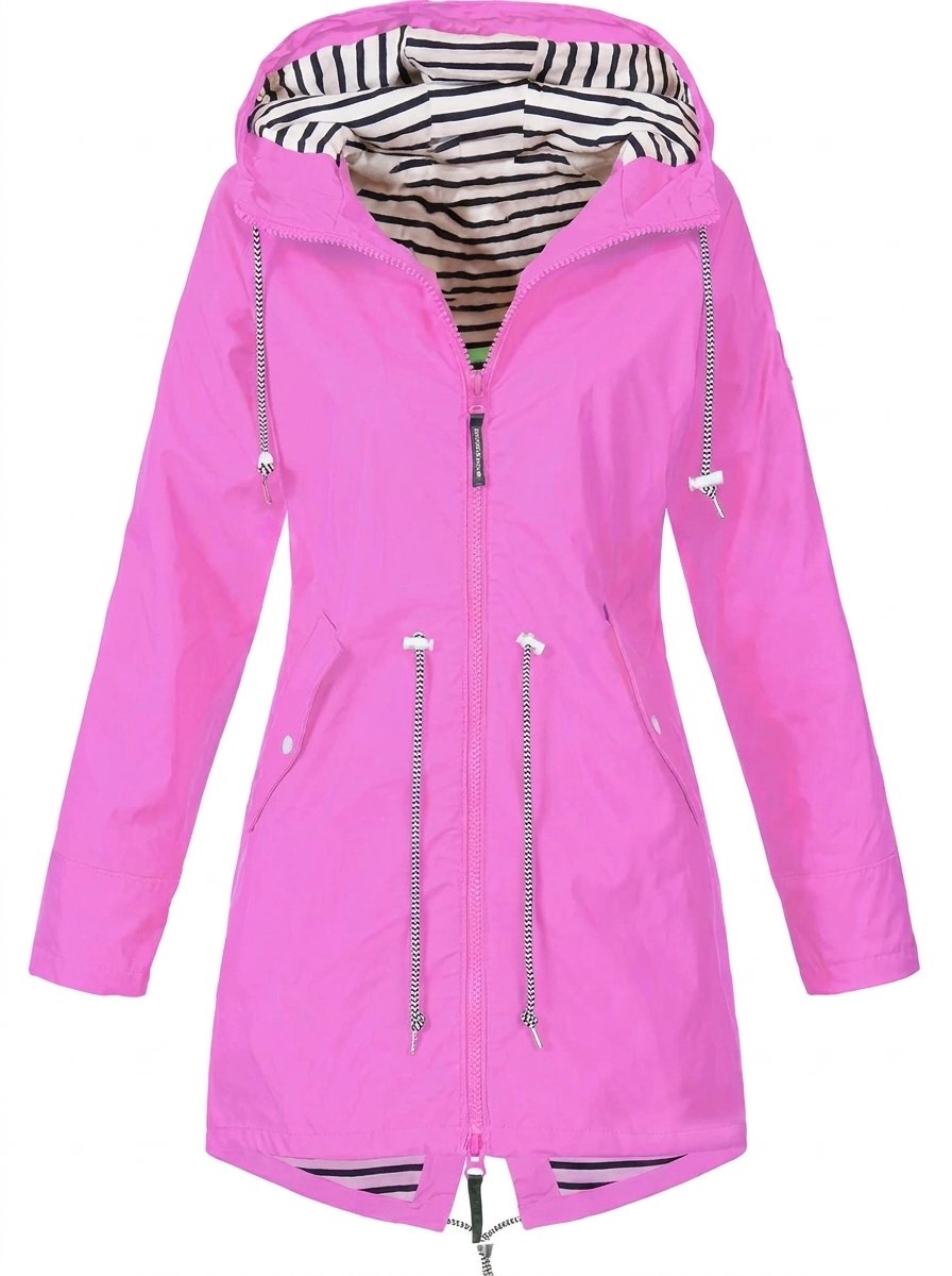 Margaret hooded raincoat in pink, front view with striped hood