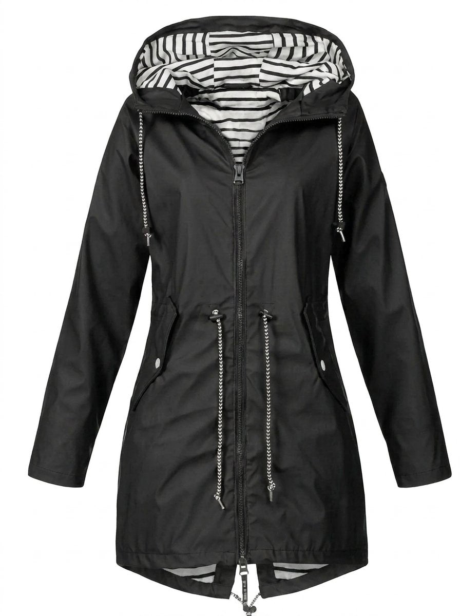 Margaret hooded raincoat in black, front view with striped hood