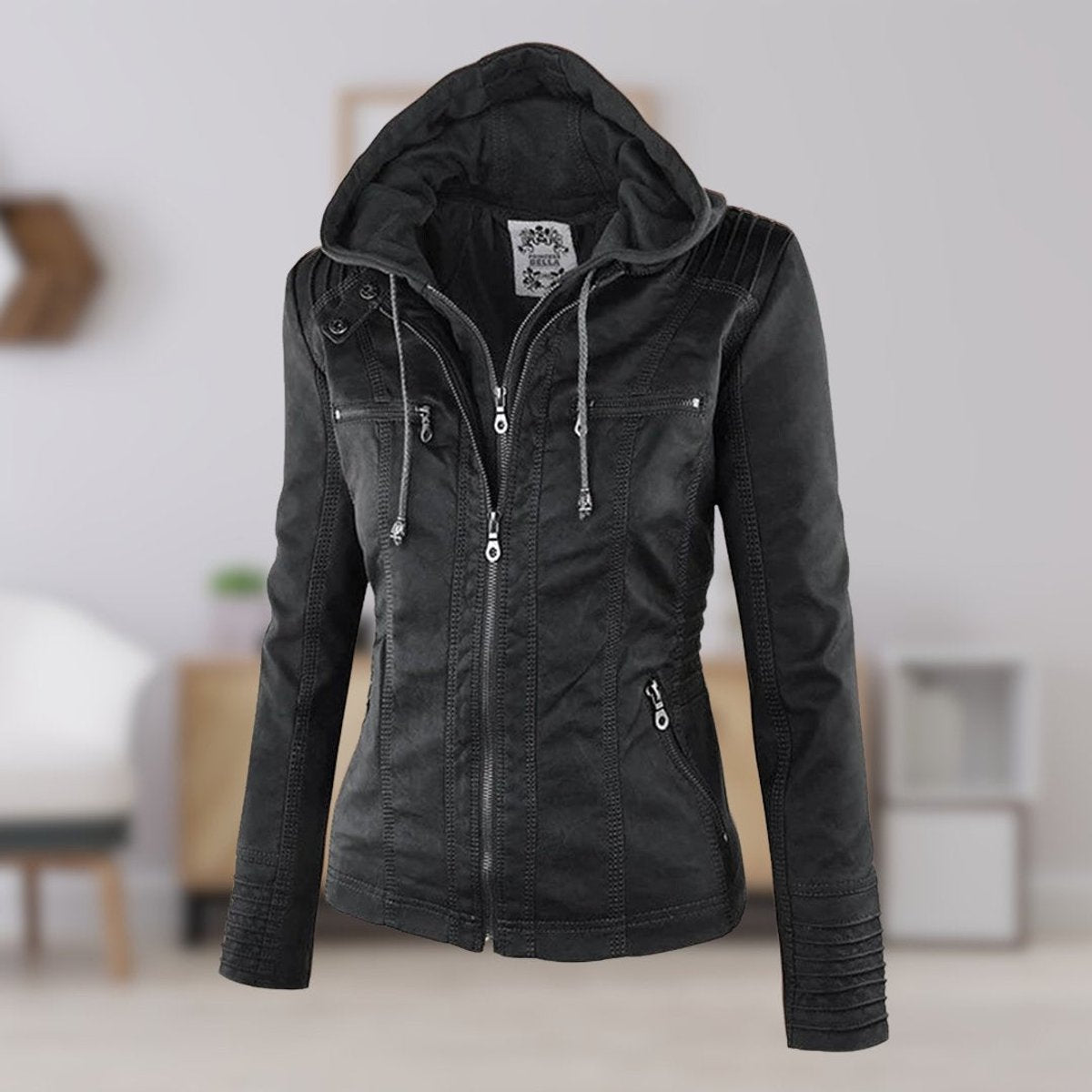 Lucinda removable-hood biker jacket in black, three-quarter front view